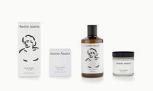 Load image into Gallery viewer, artist designed packaging head illustration Austin Austin certified organic body care duo, made with betaine to soothe, moisturise &amp; protect. Top notes of orange &amp; grapefruit. Middle notes of neroli &amp; cardamom. Base notes of petitgrain &amp; cedar wood.
