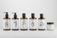 Load image into Gallery viewer, Organic gift set for AUSTIN AUSTIN lovers comprising palmarosa & vetiver hand soap & hand cream, neroli & petitgrain body soap & body cream, bergamot & juniper shampoo & conditioner artist drawn illustrated packaging