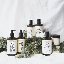 Load image into Gallery viewer, Certified Organic gift set for AUSTIN AUSTIN lovers comprising palmarosa & vetiver hand soap & hand cream, neroli & petitgrain body soap & body cream, bergamot & juniper shampoo & conditioner artist drawn illustrated packaging christmas gift