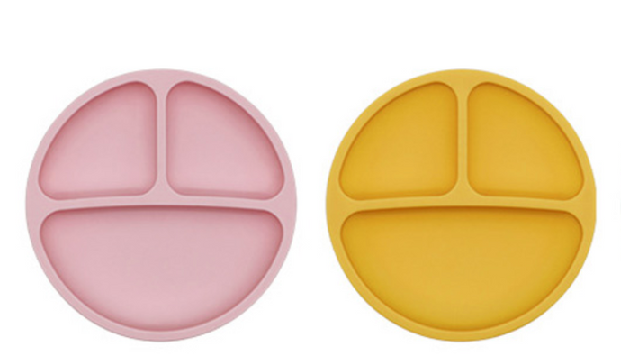 Soft silicone plate with three compartments in dusky pink or mustard yellow for your little one to enjoy eating from. baby kids feeding teething weaning 