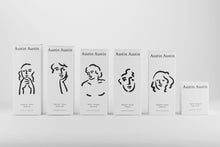 Load image into Gallery viewer, Organic gift set for AUSTIN AUSTIN lovers comprising palmarosa & vetiver hand soap & hand cream, neroli & petitgrain body soap & body cream, bergamot & juniper shampoo & conditioner artist drawn illustrated packaging