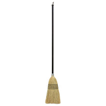 Load image into Gallery viewer, bamboo sorghum long handled handle broom in natural straw woven with black &amp; a black handle &amp; hanging loop for cleaning, dusting &amp; sweeping 
