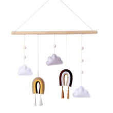 Load image into Gallery viewer, wood  silver lining  rainbow  pram  newborn  mobile  hanging  gifting  gift  cot  brown  baby clouds kids childrens tassels stimulating play colours movement 

