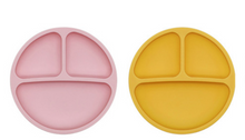 Load image into Gallery viewer, Soft silicone plate with three compartments in dusky pink or mustard yellow for your little one to enjoy eating from. baby kids feeding teething weaning 
