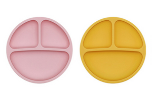 Soft silicone plate with three compartments in dusky pink or mustard yellow for your little one to enjoy eating from. baby kids feeding teething weaning 