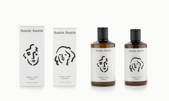 Austin Austin Shampoo & Conditioner gift set pair duo haircare hair washing artist face illustration art drawing  Soil Association CERTIFIED ORGANIC packaging design bergamot juniper 