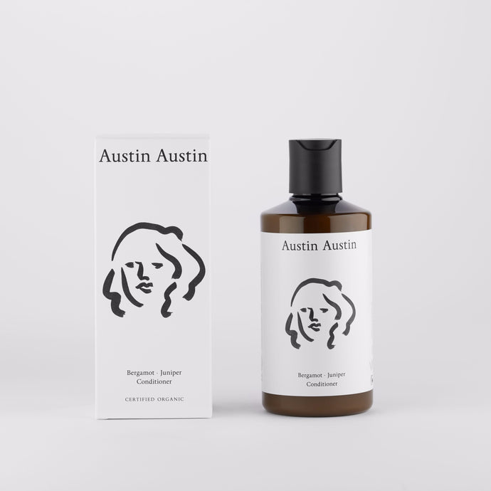 Austin Austin Artist designed packaging organic Beautiful botanical conditioner, moisturise & protect. bergamot juniper certified organic
