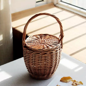 Wicker Bucket Basket Bag with Lid