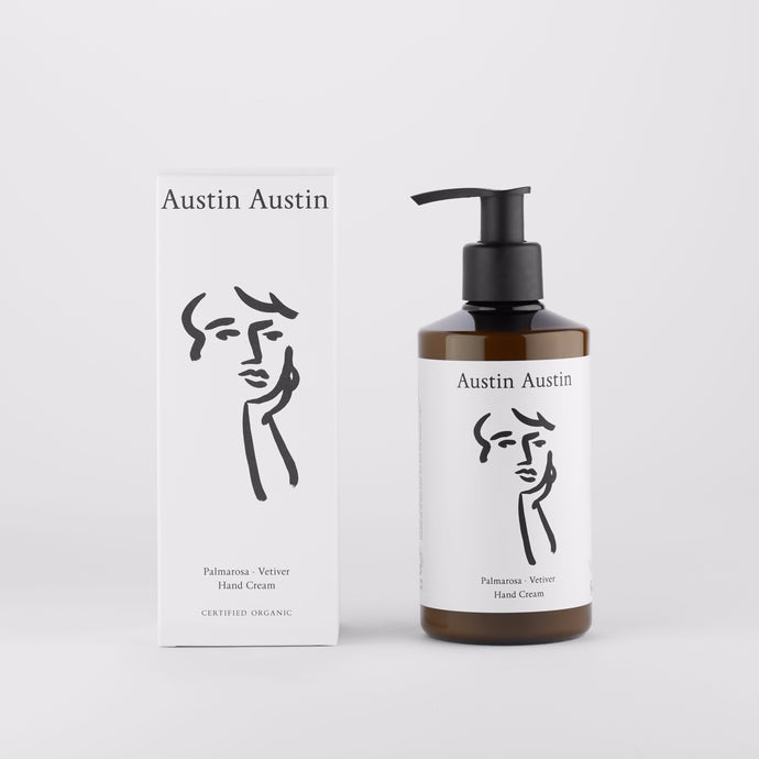 Austin Austin Certified Organic Hand Cream lotion Made with extracts of plants, grasses, seaweed & algae to moisturise & protect. Top notes of marjoram. Middle notes of palmarosa & rosemary. Base notes of vetiver & lavender.