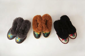 Handmade Embroidered Dark Sheepskin Slippers